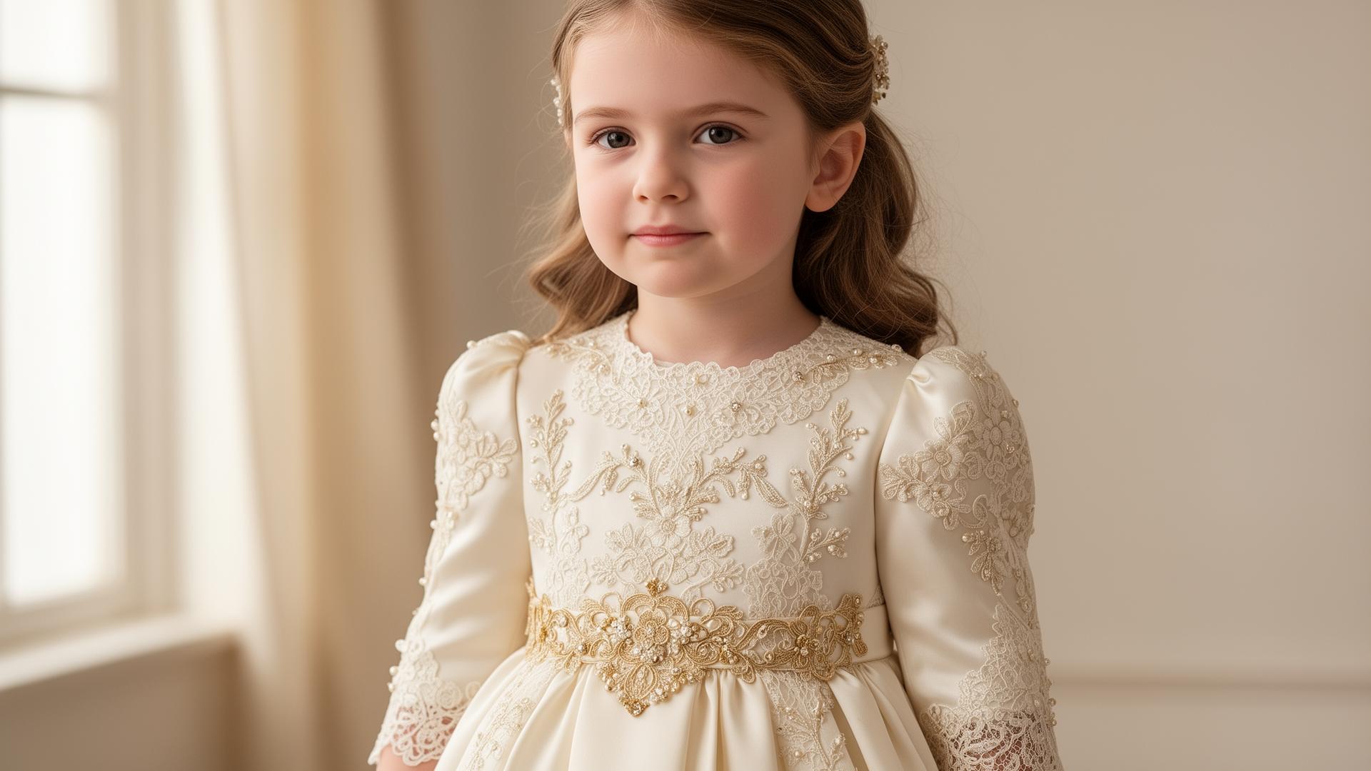 Niña vistiendo un vestido ceremonial Monin con encaje y detalles dorados